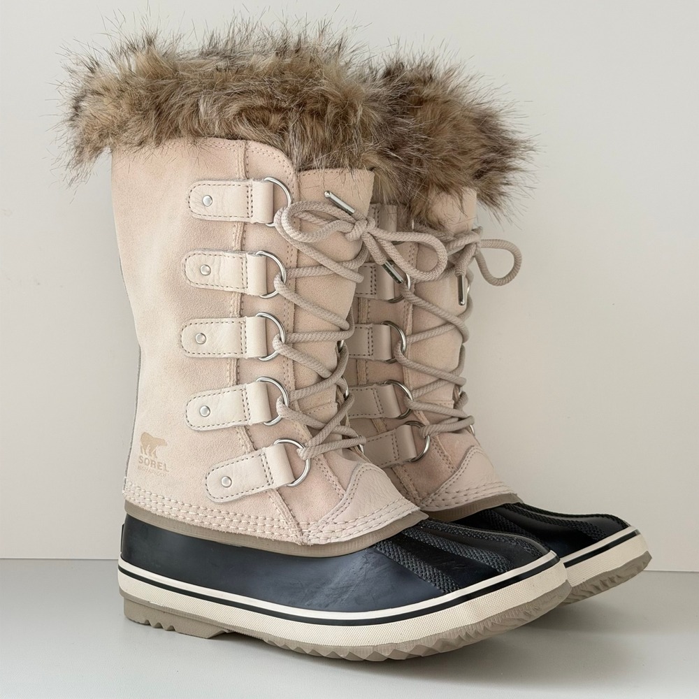 Sorel Joan of Arctic Winter Boots Womens 7 Taupe Suede Faux Fur Waterproof Snow